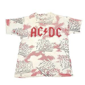 Vintage 1990 ACDC The Razors Edge All Over Print AOP T-Shirt Large Mens White